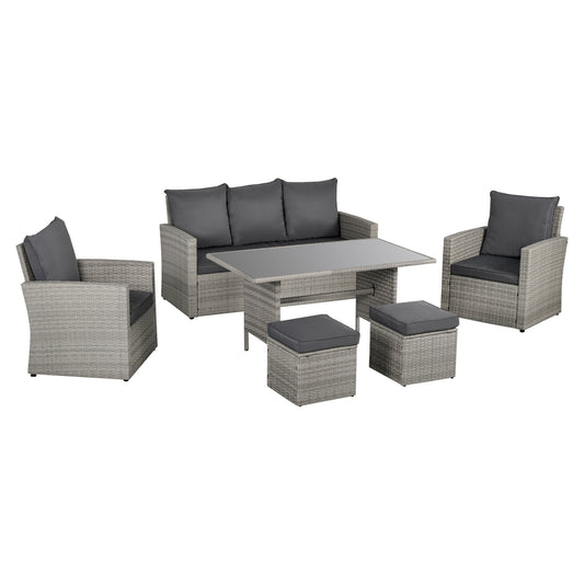 Outsunny Six-Piece Rattan Sofa Set, with Glass-Top Table - Mixed Grey