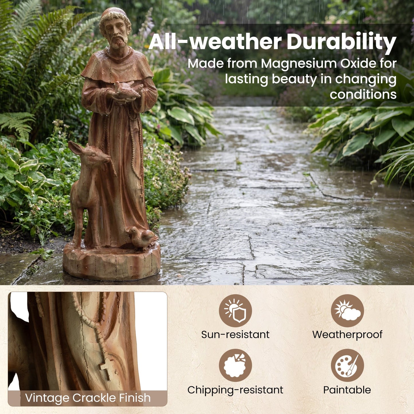 62cm St. Francis Statue with Bird Feeder Saint Francis of Assisi Garden Decoration-Brown