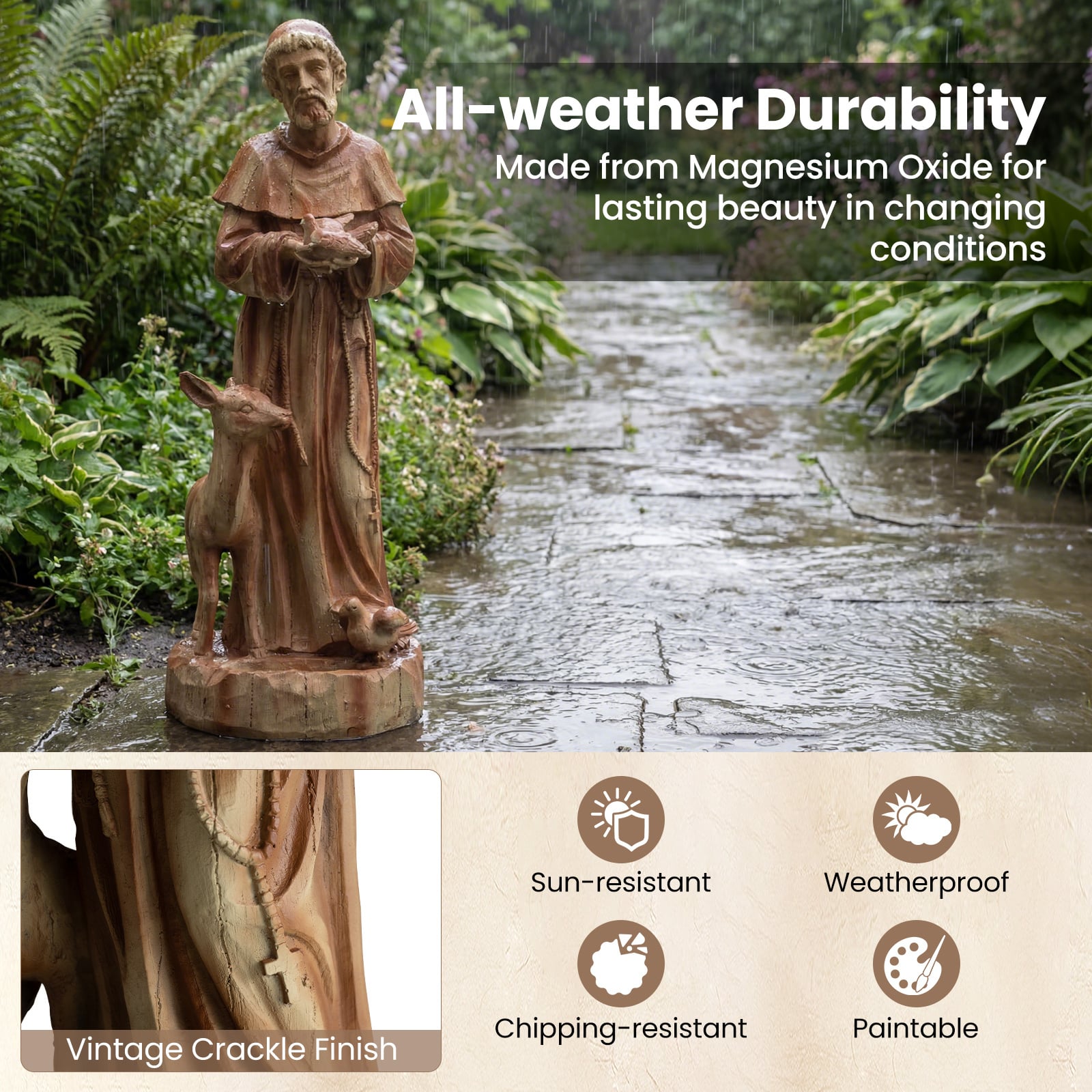 62cm St. Francis Statue with Bird Feeder Saint Francis of Assisi Garden Decoration-Brown
