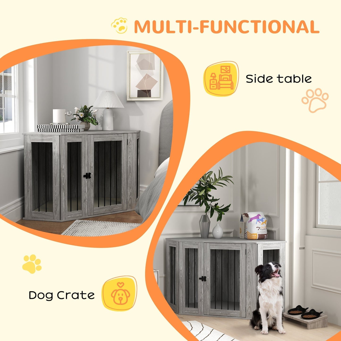 PawHut Dog Crate Furniture Side Table, with Cushion, 122 x 61 x 71cm - Grey