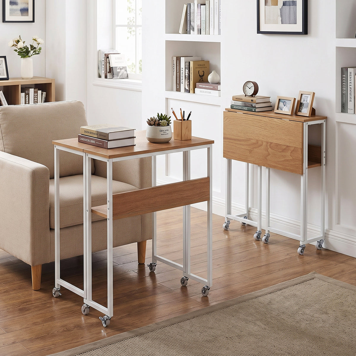 63 cm Small Folding Desk with Smooth Rolling Wheels and Storage Shelf for Home Office-Natural