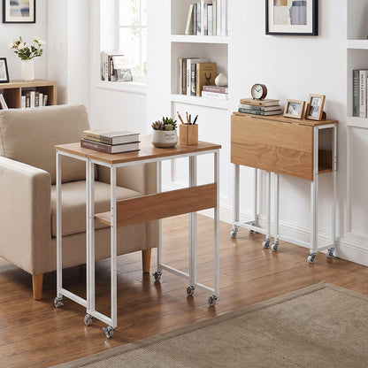 63 cm Small Folding Desk with Smooth Rolling Wheels and Storage Shelf for Home Office-Natural
