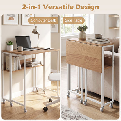 63 cm Small Folding Desk with Smooth Rolling Wheels and Storage Shelf for Home Office-Natural