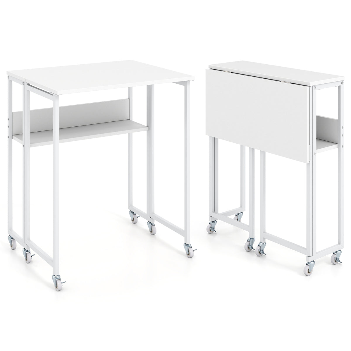 63 cm Small Folding Desk with Smooth Rolling Wheels and Storage Shelf for Home Office-White