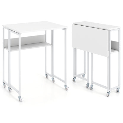 63 cm Small Folding Desk with Smooth Rolling Wheels and Storage Shelf for Home Office-White