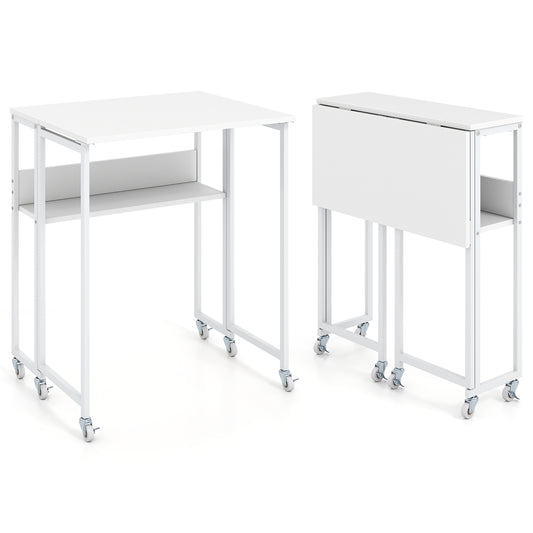 63 cm Small Folding Desk with Smooth Rolling Wheels and Storage Shelf for Home Office-White