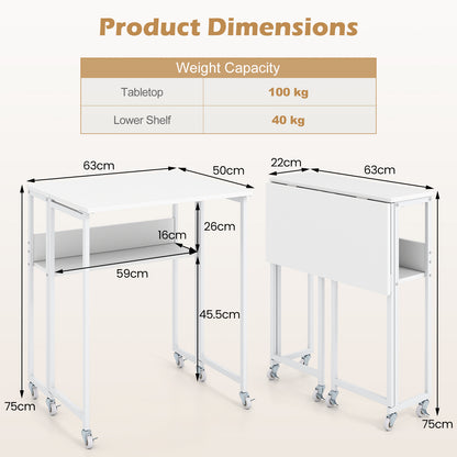 63 cm Small Folding Desk with Smooth Rolling Wheels and Storage Shelf for Home Office-White