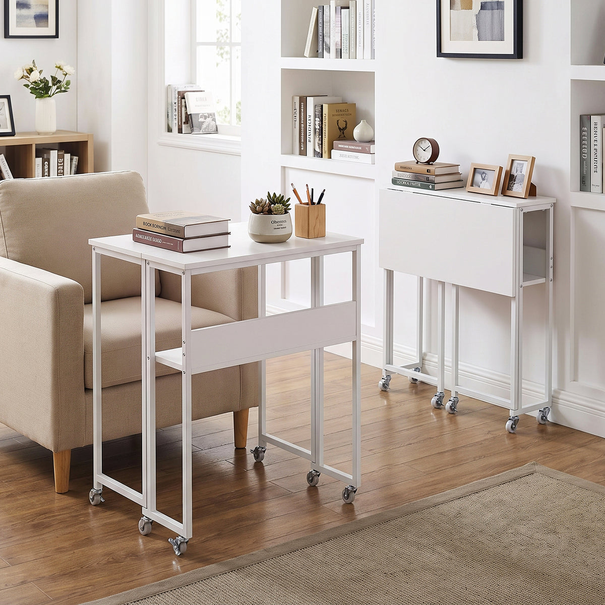 63 cm Small Folding Desk with Smooth Rolling Wheels and Storage Shelf for Home Office-White