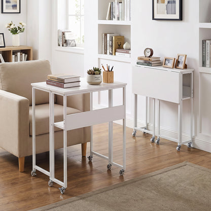 63 cm Small Folding Desk with Smooth Rolling Wheels and Storage Shelf for Home Office-White