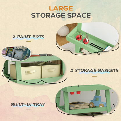 AIYAPLAY 3 in 1 Kids Easel Double-Sided Magnetic Whiteboard and Chalkboard with Paper Roll, Storage Baskets - Green