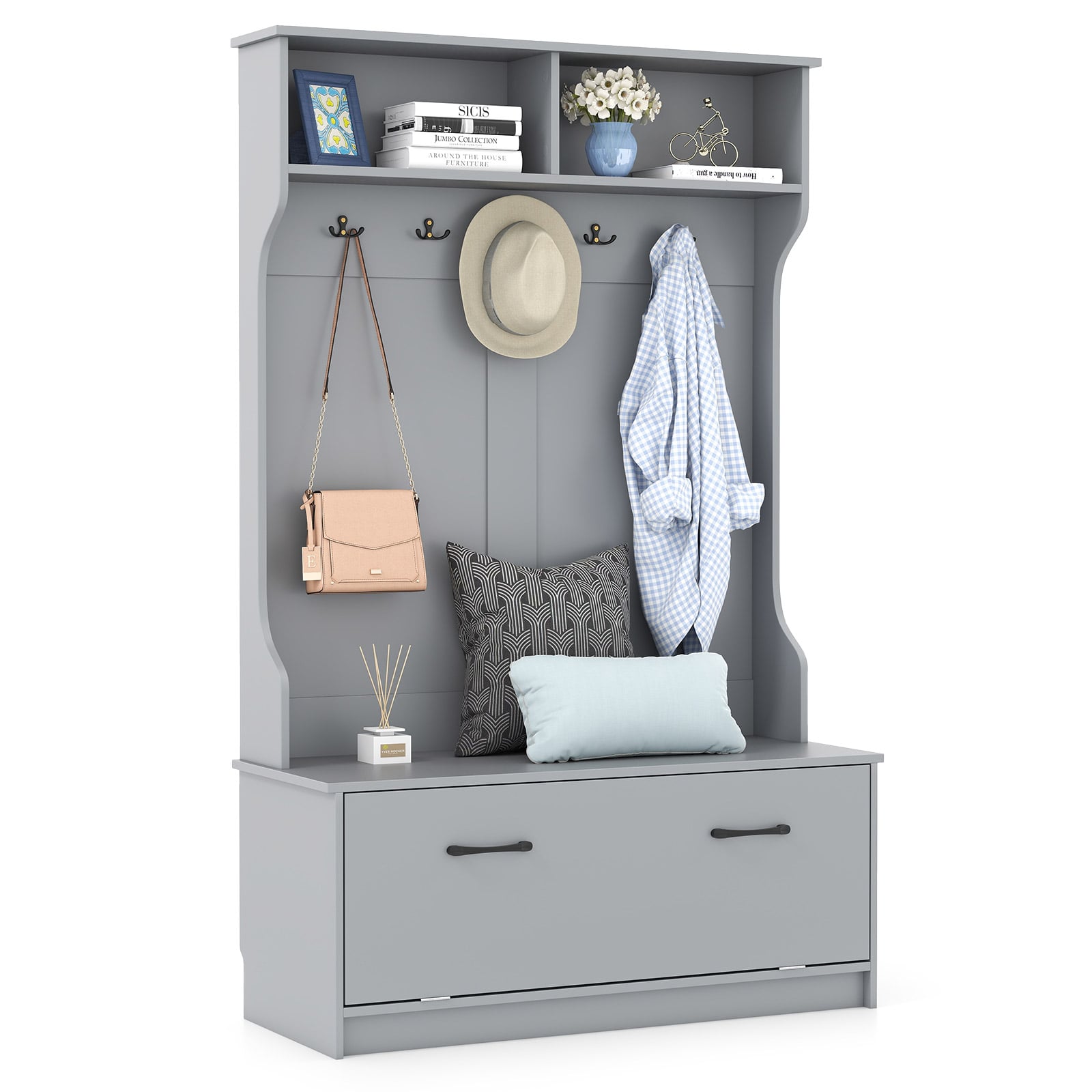 63 Inches Hall Tree with Coat Rack and Storage Bench-Grey