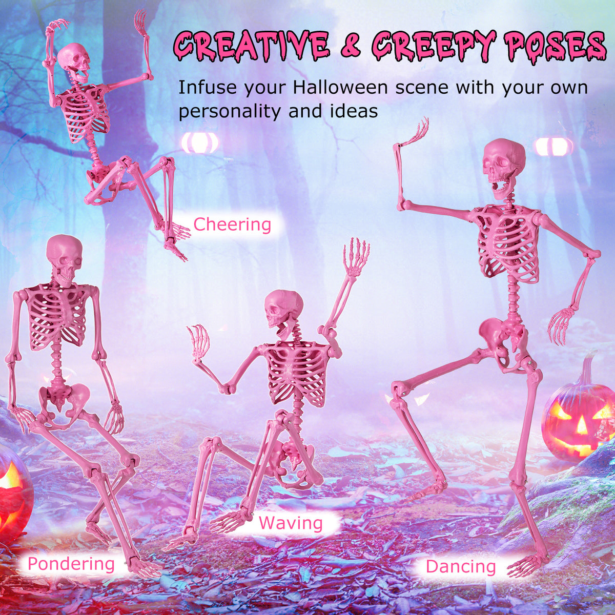 63 inch Halloween Pink Skeleton Decoration with 8 Moving Joints