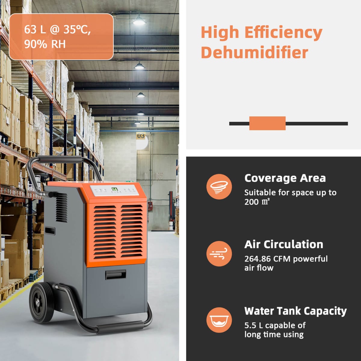 63L Efficient Commercial Dehumidifier with 264.86 CFM air flow 24H Timer and Auto Defrost