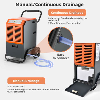 63L Efficient Commercial Dehumidifier with 264.86 CFM air flow 24H Timer and Auto Defrost