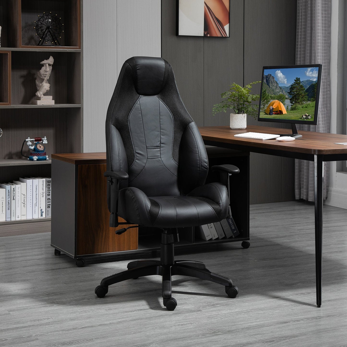 Vinsetto High Back Executive Office Chair Mesh & Fuax Leather Gaming Gamer Chair with Swivel Wheels, Adjustable Height and Armrest, Black