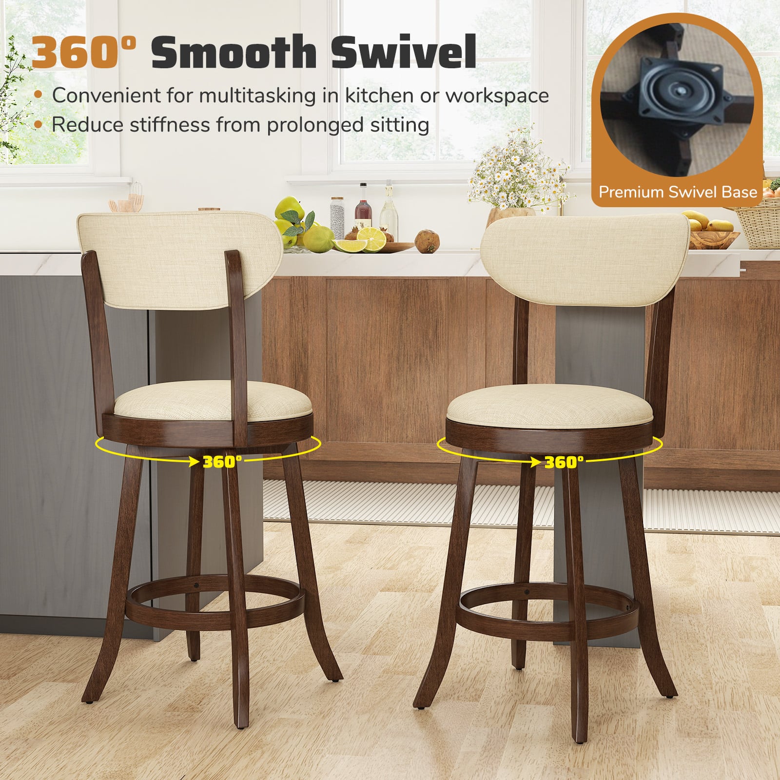 64/77CM Counter Height Chairs Set of 2 with Padded Seat and Backrest-Brown-Size 1