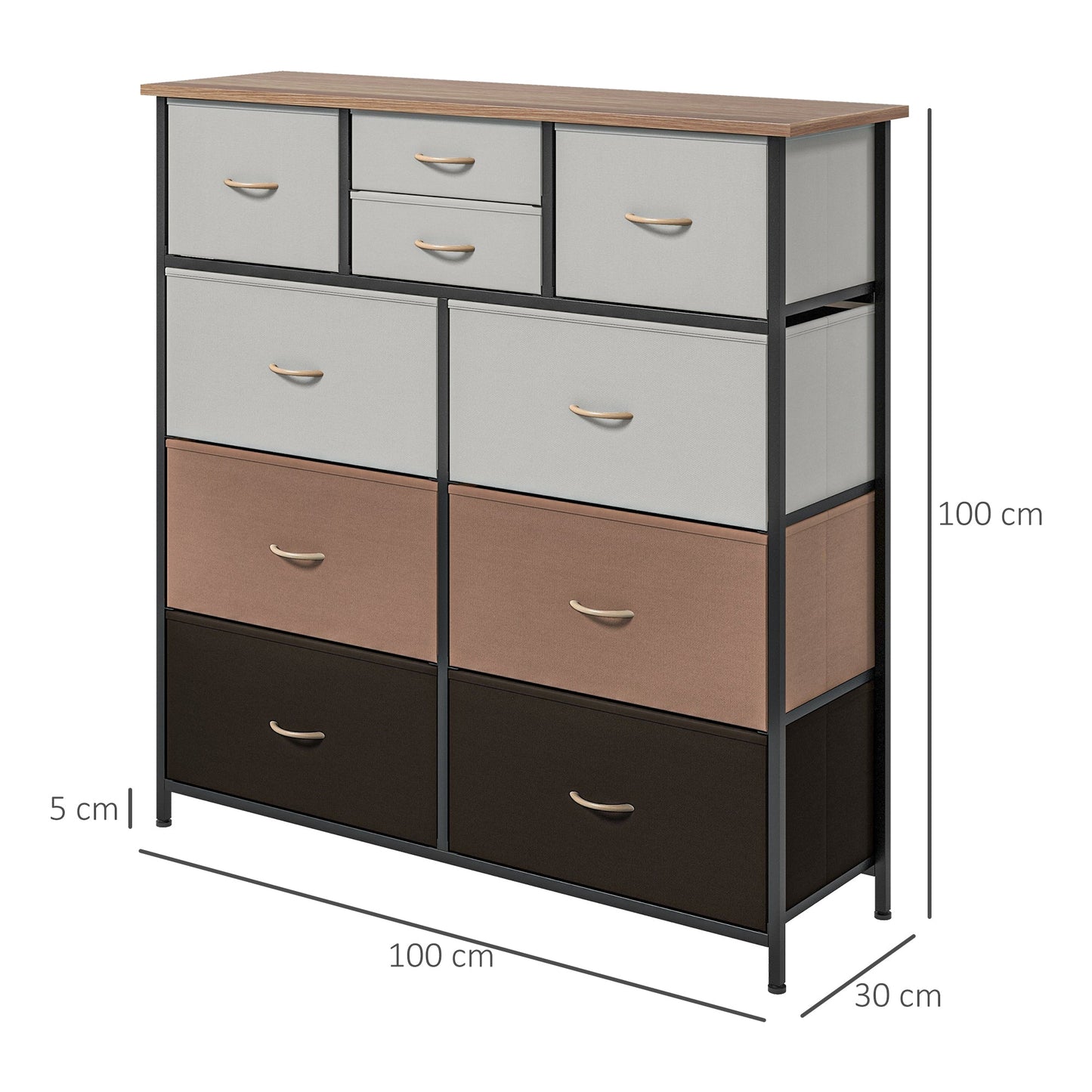 HOMCOM Bedroom Chest of Drawers, 10 Drawer Dresser with Foldable Fabric Drawers and Steel Frame, Multicolour