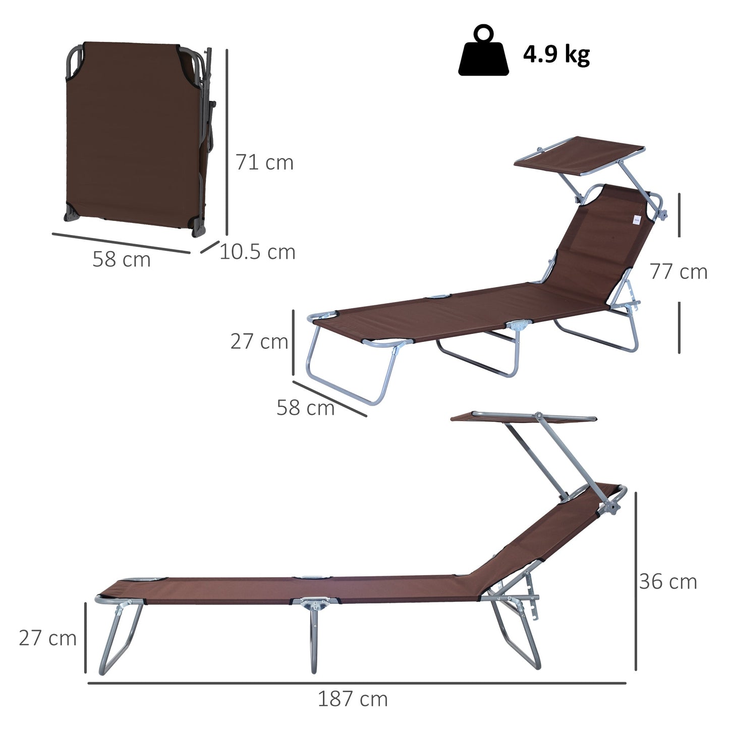 Outsunny Outdoor Foldable Sun Lounger, 4 Level Adjustable Backrest Reclining Sun Lounger Chair with Angle Adjust Sun Shade Awning for Beach, Garden, Patio, Brown