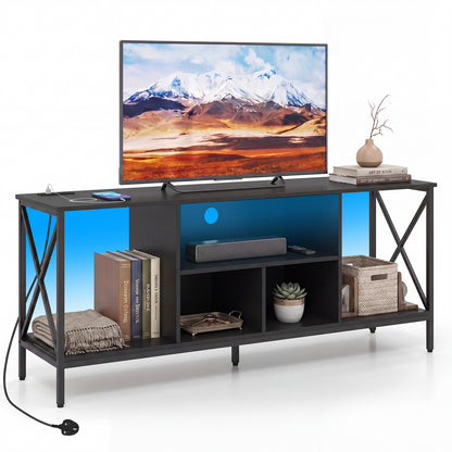 65 Inch TV Stand with LED Lights & Open Storage Shelves for Living Room Bedroom-Black