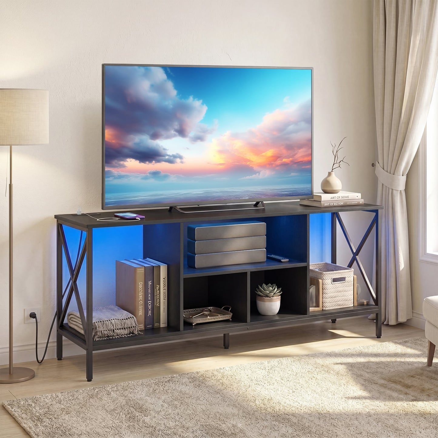 65 Inch TV Stand with LED Lights & Open Storage Shelves for Living Room Bedroom-Black
