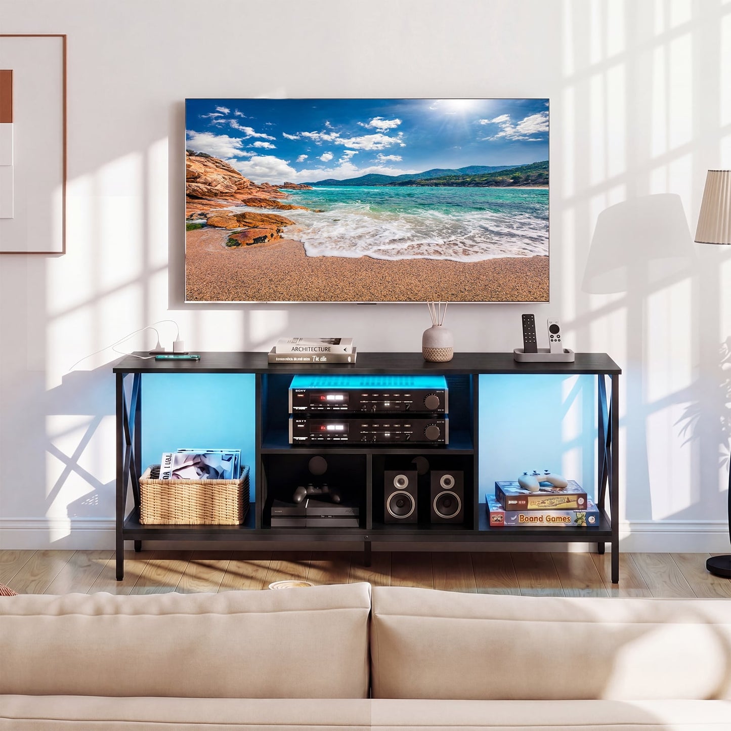 65 Inch TV Stand with LED Lights & Open Storage Shelves for Living Room Bedroom-Black