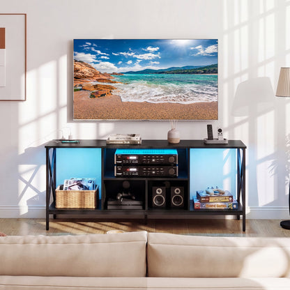 65 Inch TV Stand with LED Lights & Open Storage Shelves for Living Room Bedroom-Black
