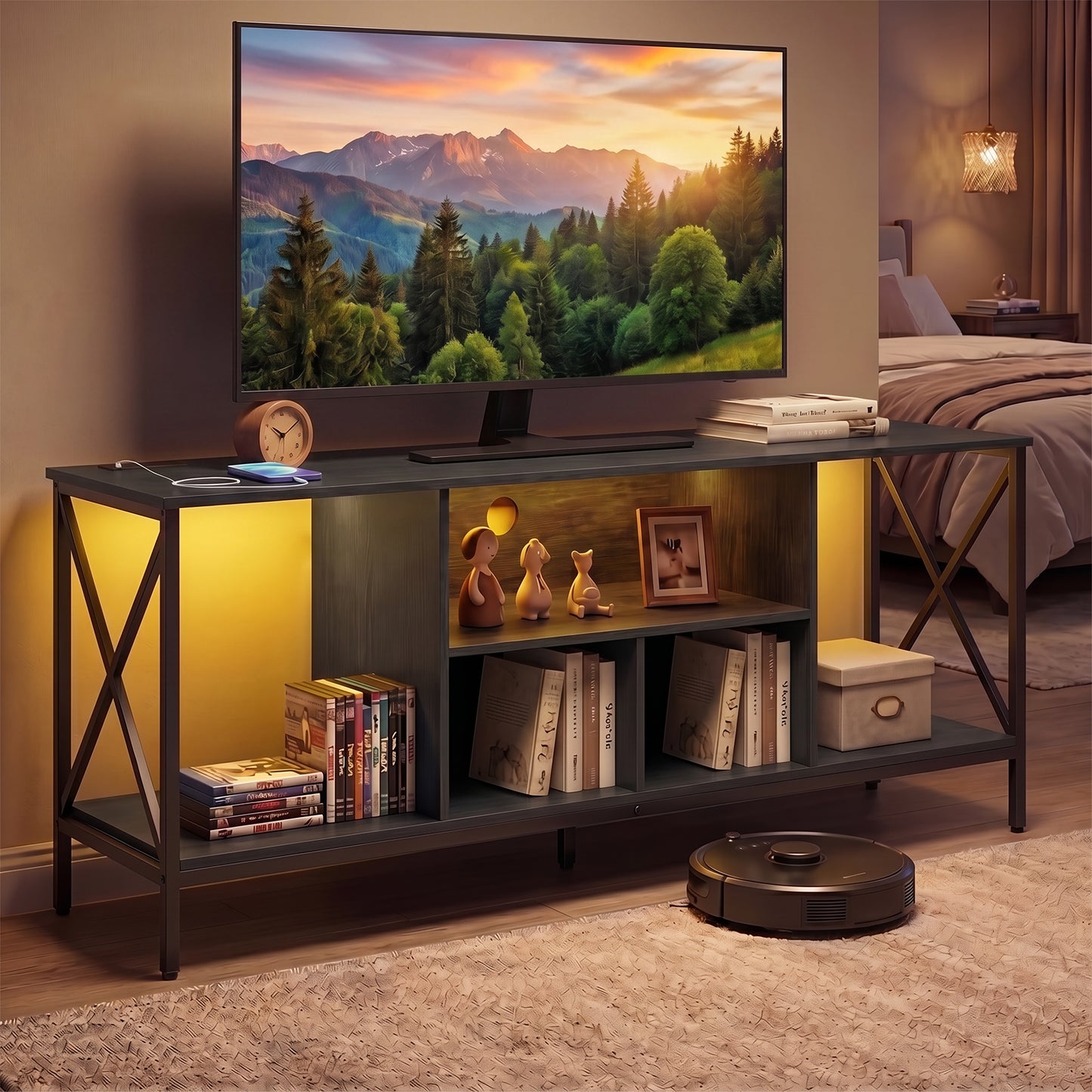 65 Inch TV Stand with LED Lights & Open Storage Shelves for Living Room Bedroom-Black
