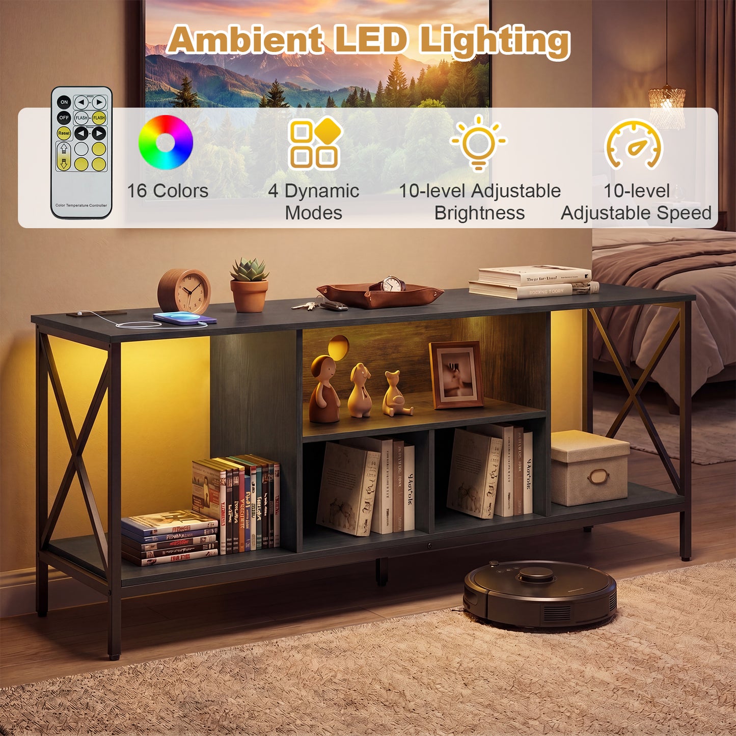 65 Inch TV Stand with LED Lights & Open Storage Shelves for Living Room Bedroom-Black