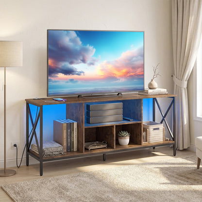 65 Inch TV Stand with LED Lights & Open Storage Shelves for Living Room Bedroom-Rustic Brown