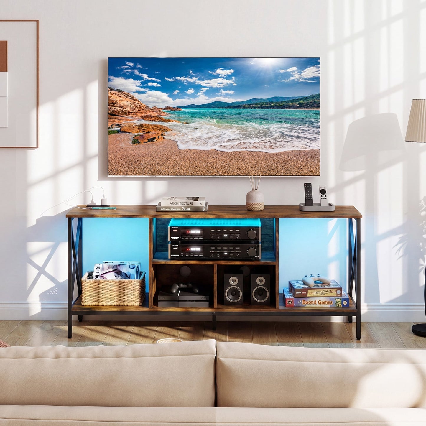 65 Inch TV Stand with LED Lights & Open Storage Shelves for Living Room Bedroom-Rustic Brown