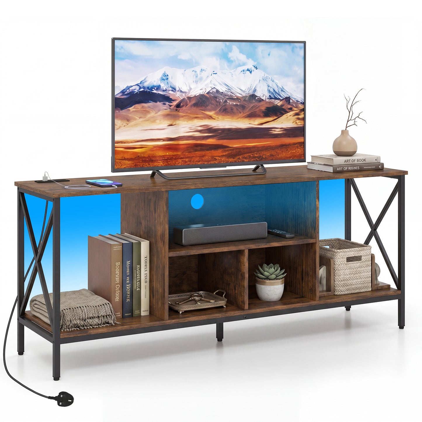 65 Inch TV Stand with LED Lights & Open Storage Shelves for Living Room Bedroom-Rustic Brown