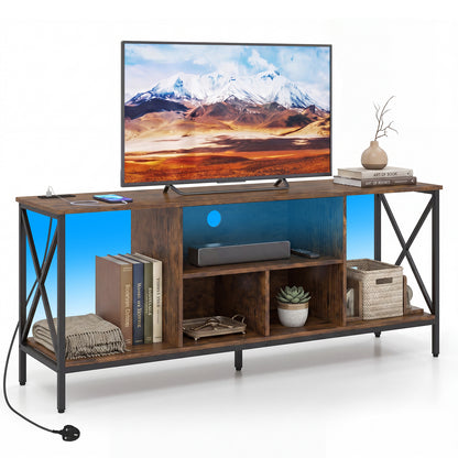 65 Inch TV Stand with LED Lights & Open Storage Shelves for Living Room Bedroom-Rustic Brown