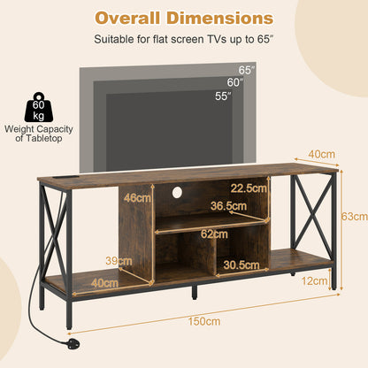 65 Inch TV Stand with LED Lights & Open Storage Shelves for Living Room Bedroom-Rustic Brown