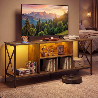 65 Inch TV Stand with LED Lights & Open Storage Shelves for Living Room Bedroom-Rustic Brown