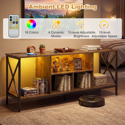 65 Inch TV Stand with LED Lights & Open Storage Shelves for Living Room Bedroom-Rustic Brown