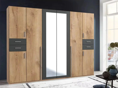 FENTON 6 Door Mirrored Wardrobe Oak and Graphite 270cm