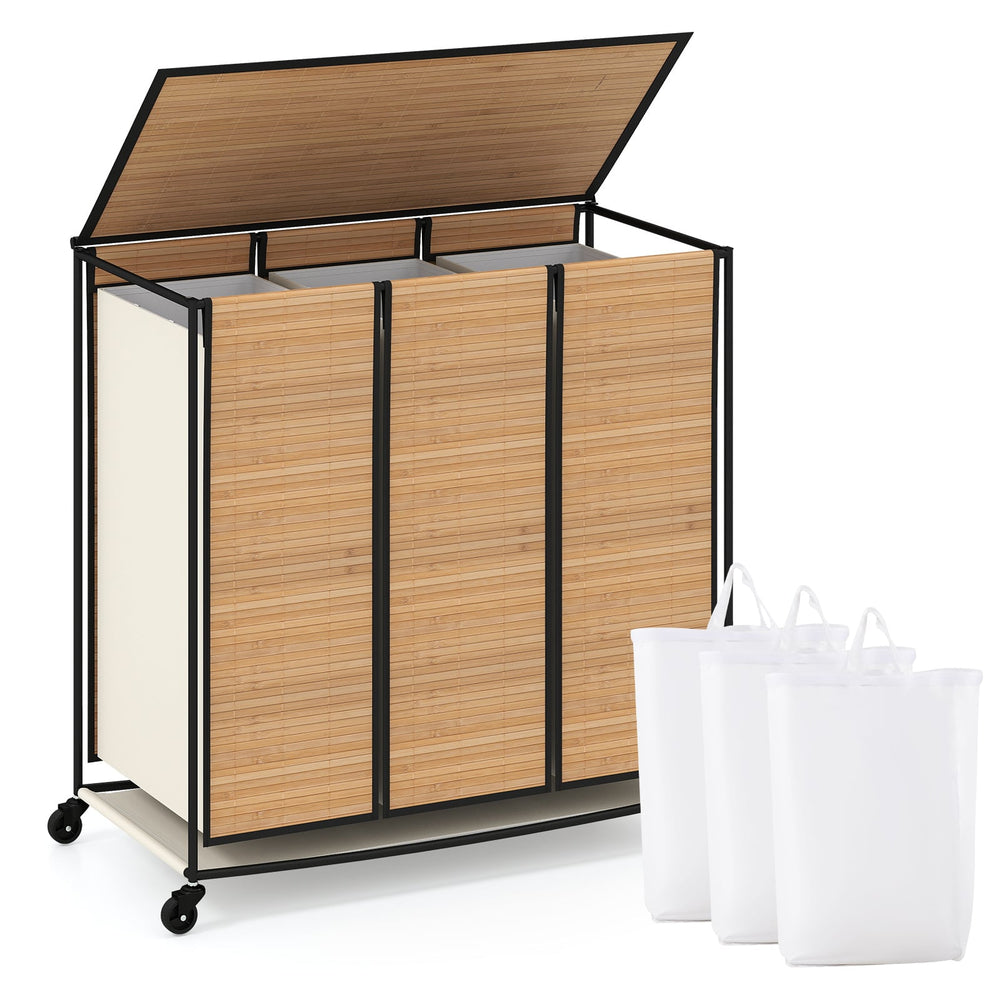 66CM Tall Rolling Laundry Hamper with 3 Sections and Lid and Lockable Wheels-Natural
