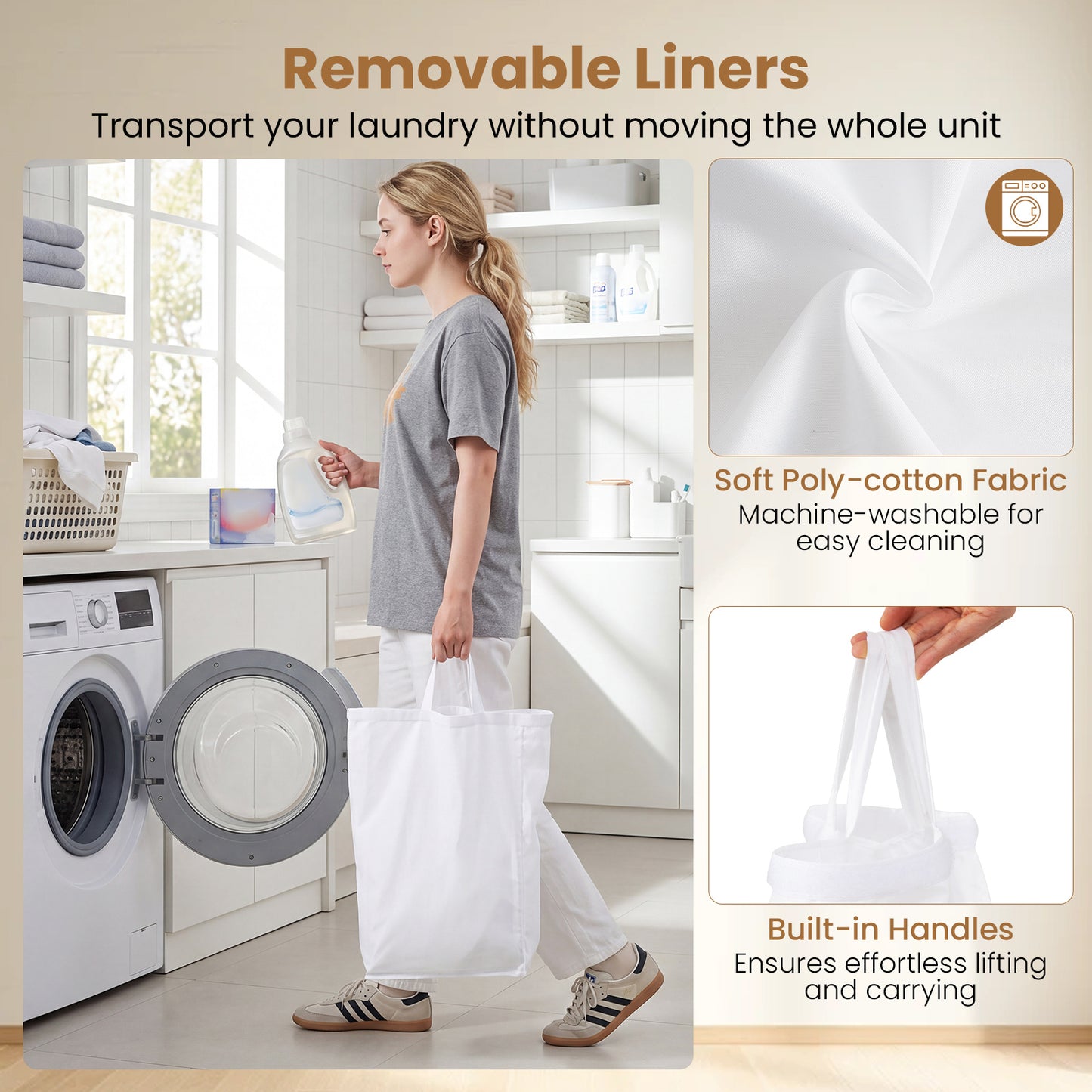 66CM Tall Rolling Laundry Hamper with 3 Sections and Lid and Lockable Wheels-Natural