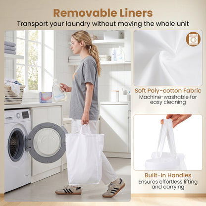 66CM Tall Rolling Laundry Hamper with 3 Sections and Lid and Lockable Wheels-Natural