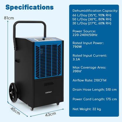 66L/Day Commercial Dehumidifier with ​​Built In Pump and 5m Drain Lift​