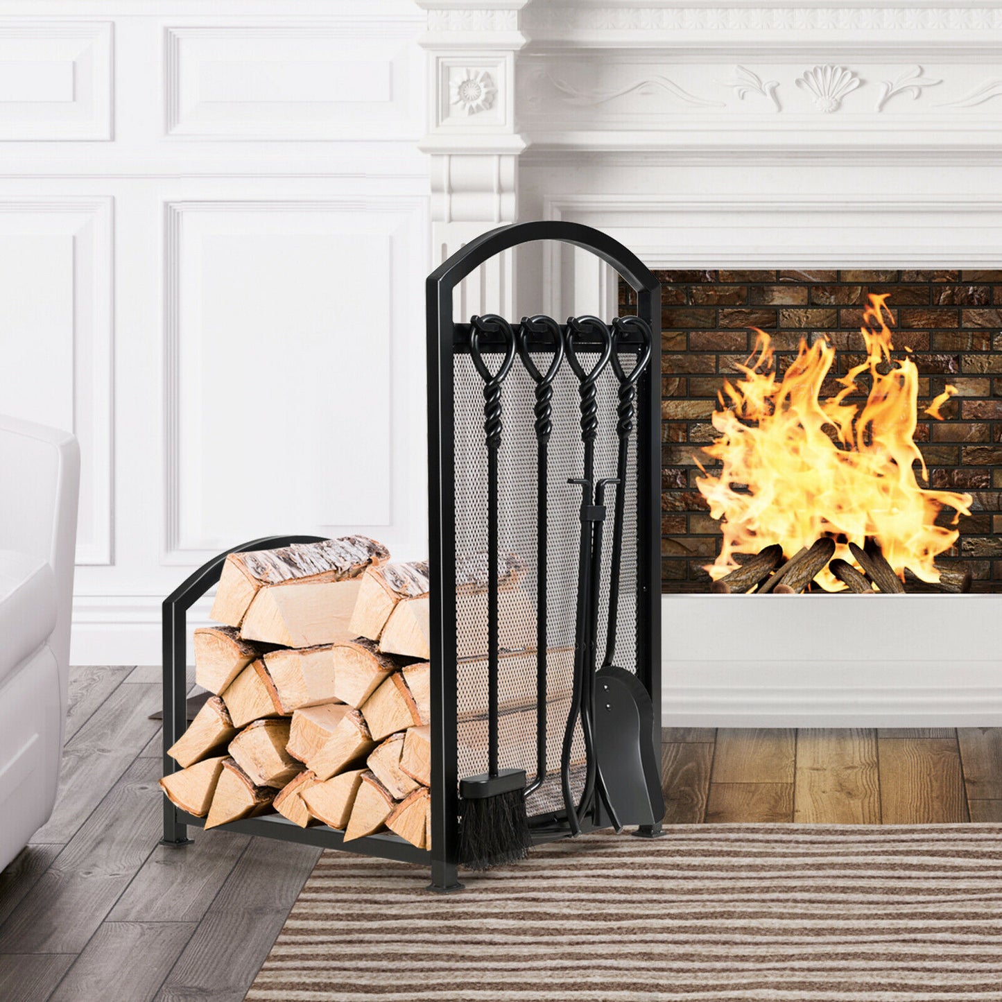 Firewood Rack with 4 Tools Fireplace Log Storage Holder Set