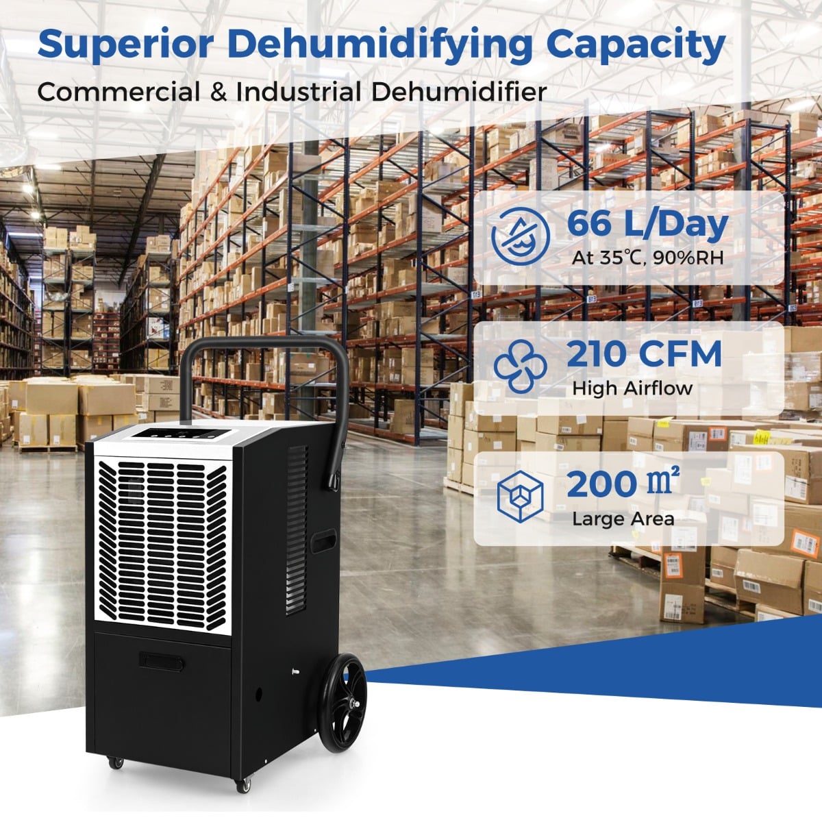 66 L/Day Commercial Dehumidifier with Pump and Drain Hose for Basement Warehouse Job Site-White