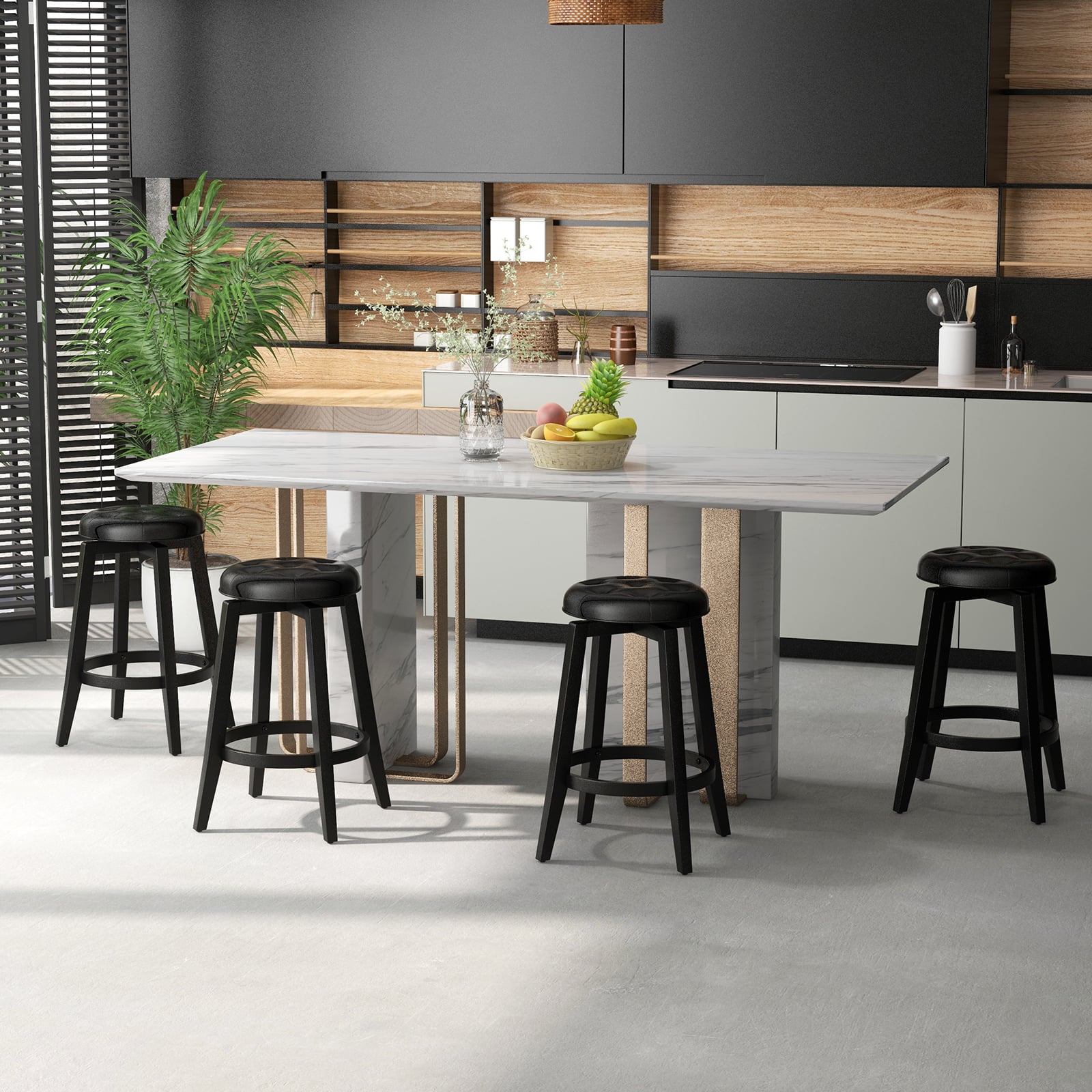 360° Swivel Upholstered Bar Stool Set of 2 with Footrest-Black