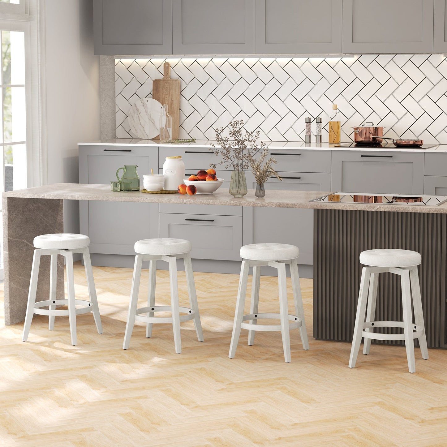 360° Swivel Upholstered Bar Stool Set of 2 with Footrest-White