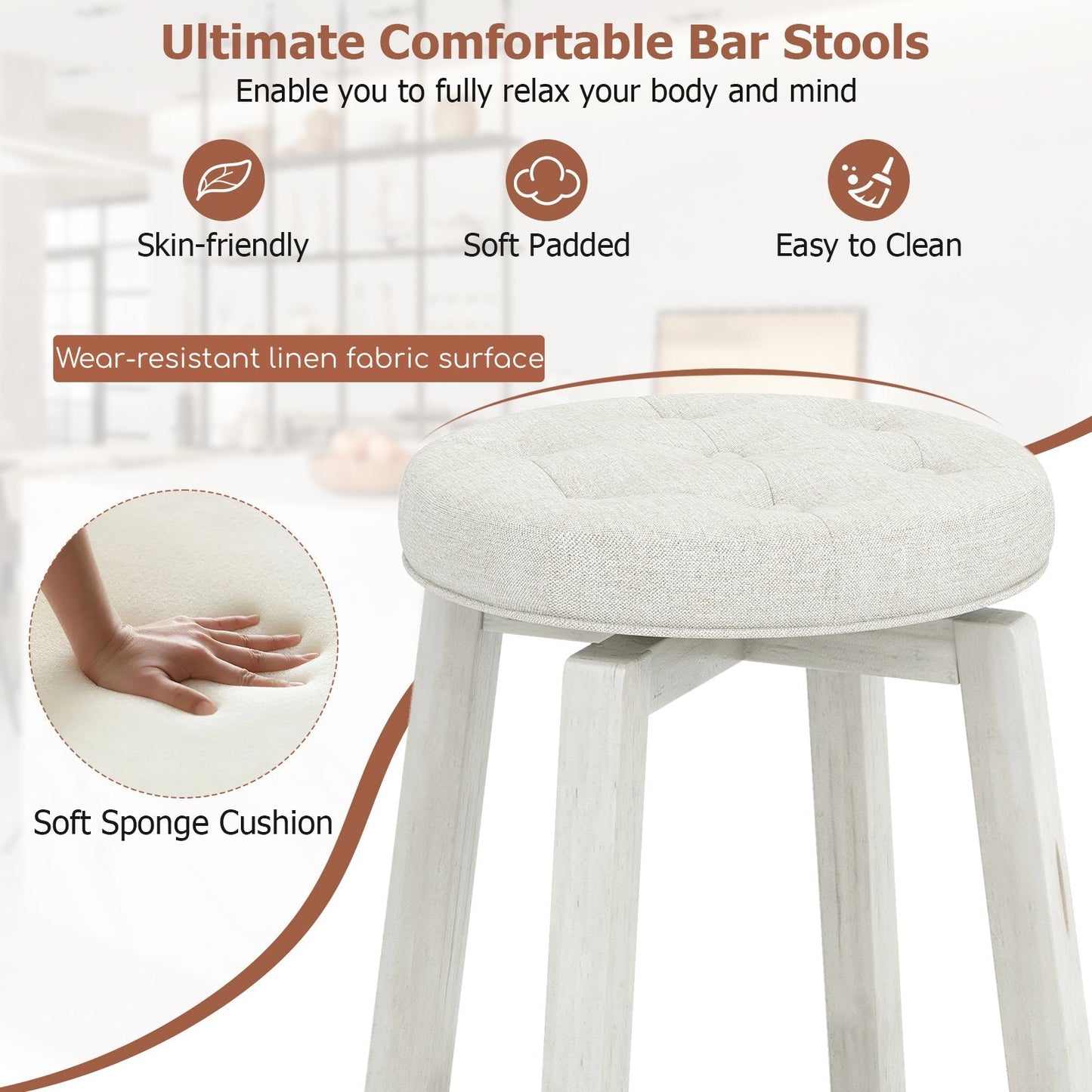 360° Swivel Upholstered Bar Stool Set of 2 with Footrest-White