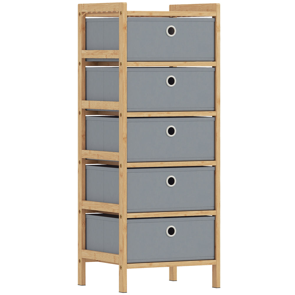 HOMCOM Chest of Drawers, 5 Fabric Drawers Narrow Dresser with Bamboo Frame, Light Grey