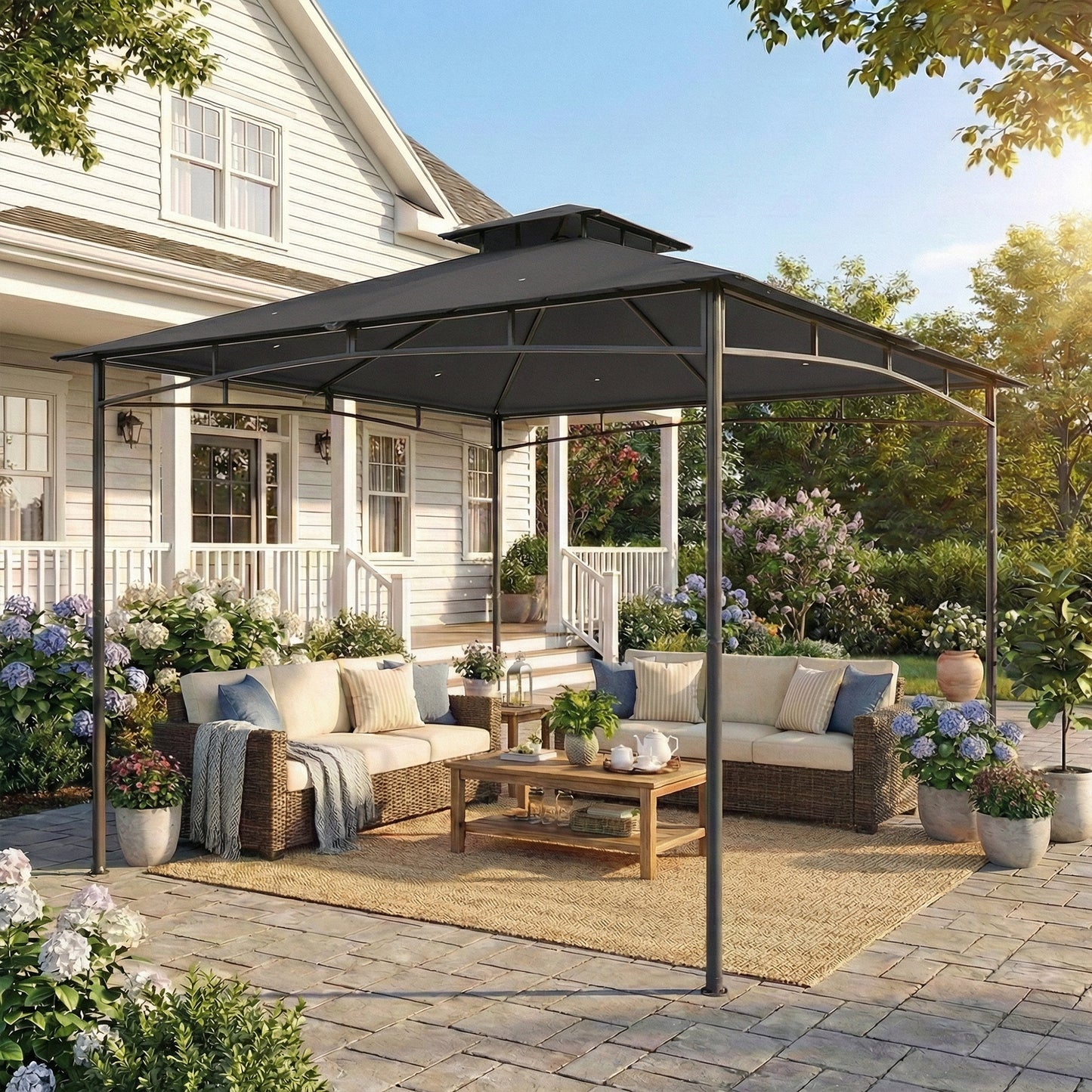 Outsunny 3 x 3 m Gazebo, Garden Gazebo with 2-Tier Roof, Metal Frame, Dark Grey