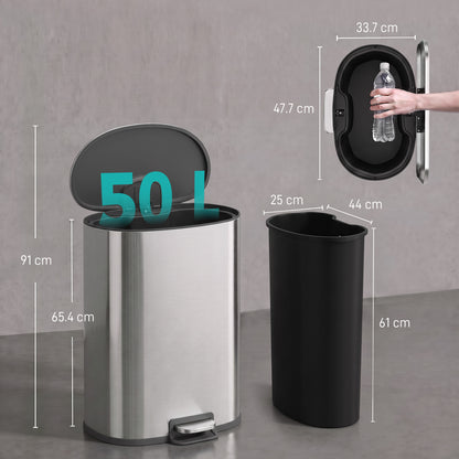 HOMCOM 50L Kitchen Pedal Bin, Rubbish Bin with Soft-Close and Stay-Open Lid, Removable Inner Bucket, Silver Tone