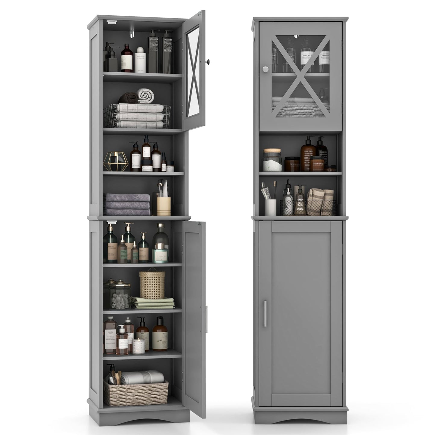 67 Inch Floor Storage Bathroom Cabinet with 5 Adjustable Shelves-Grey