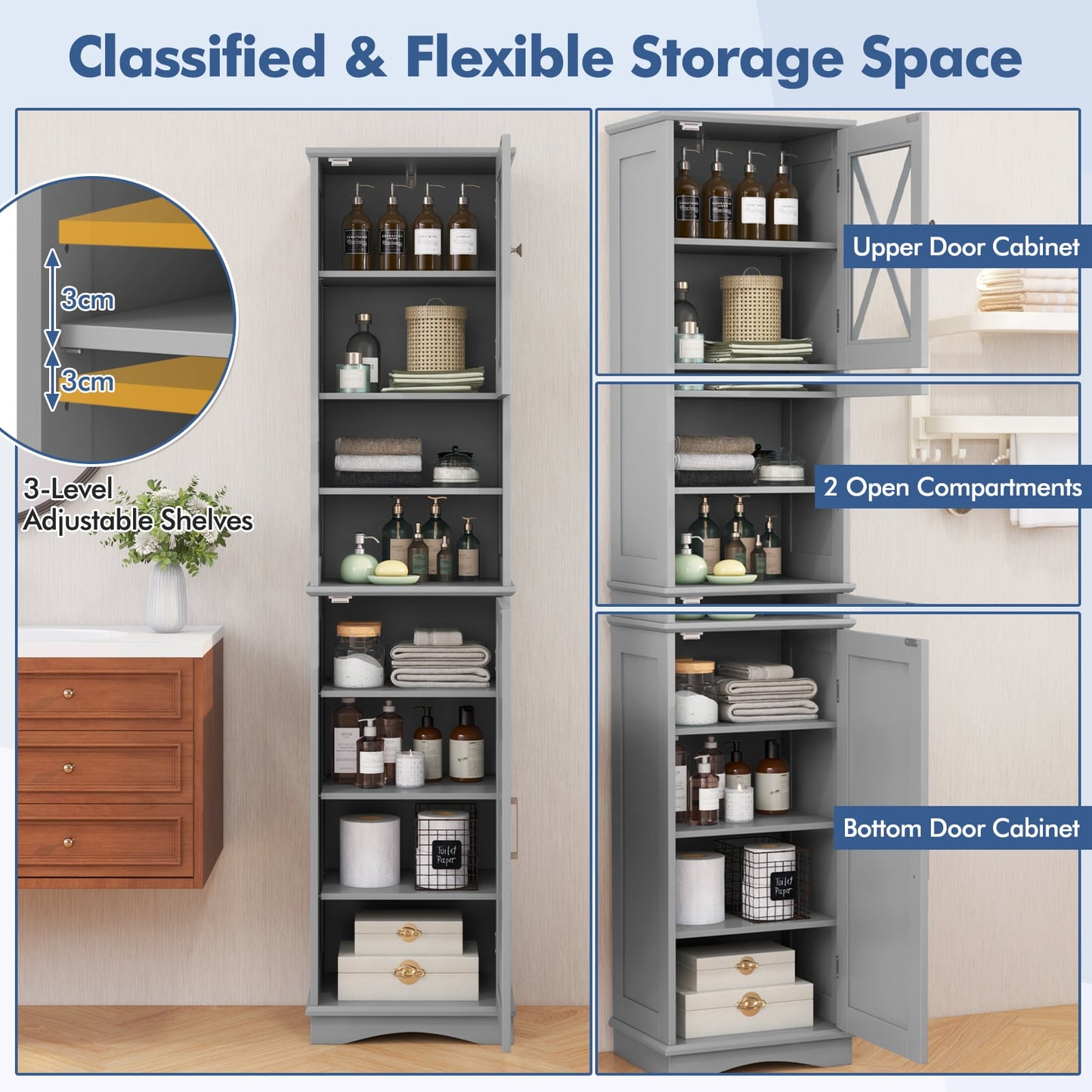 67 Inch Floor Storage Bathroom Cabinet with 5 Adjustable Shelves-Grey